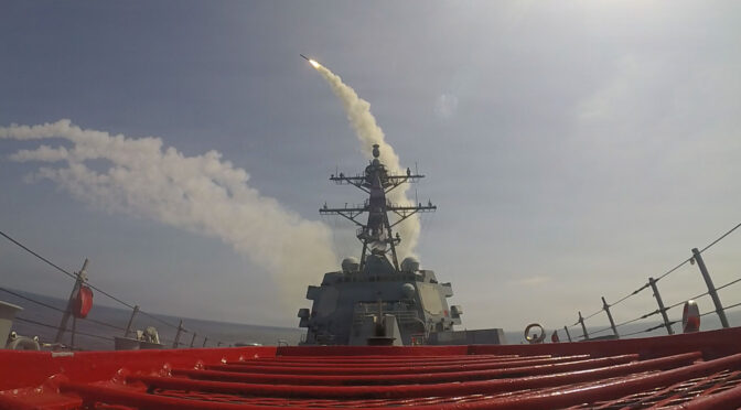 Arleigh Burke-class guided-missile destroyer USS Frank E. Petersen Jr. (DDG 121) fires a Tomahawk Land Attack Missile during operations in support of Operation Epic Fury, Feb. 28, 2026. (U.S. Navy Photo)