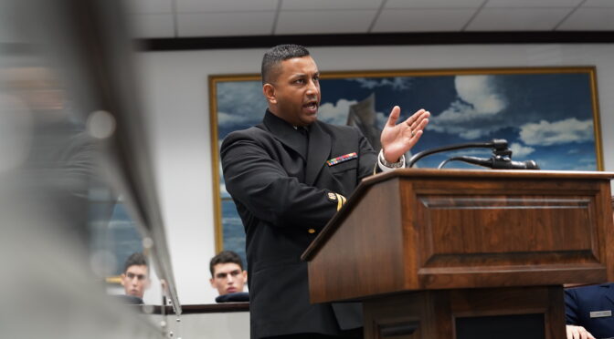 U.S. Navy Lt. Jay Jayaraman, Judge Advocate General Corps staff judge advocate, questions a witness in a mock trial at Keesler Air Force Base, Mississippi, March 29, 2022. This joint legal training was designed to give security forces members best practices for a high-pressure court martial situation. (U.S. Air Force photo by Airman 1st Class Elizabeth Davis)